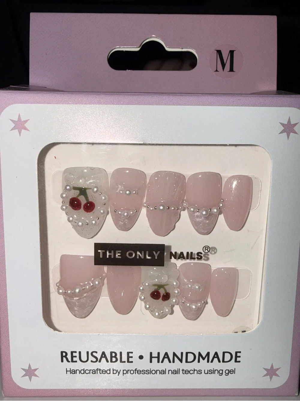 The Only Nails Pink Pearl & Cherry Design Reusable Handmade Press-On Nails